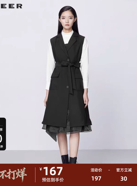 S·DEER圣迪奥女装秋休闲西装领收腰网纱拼接长款马甲S21381603