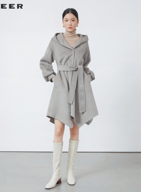 sdeer圣迪奥女装连帽收腰长款泡泡袖毛呢大衣S224Z2511