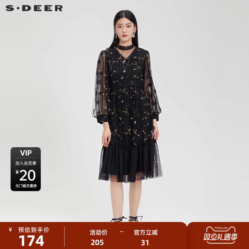 V领连衣裙 绣花文艺 网纱拼接