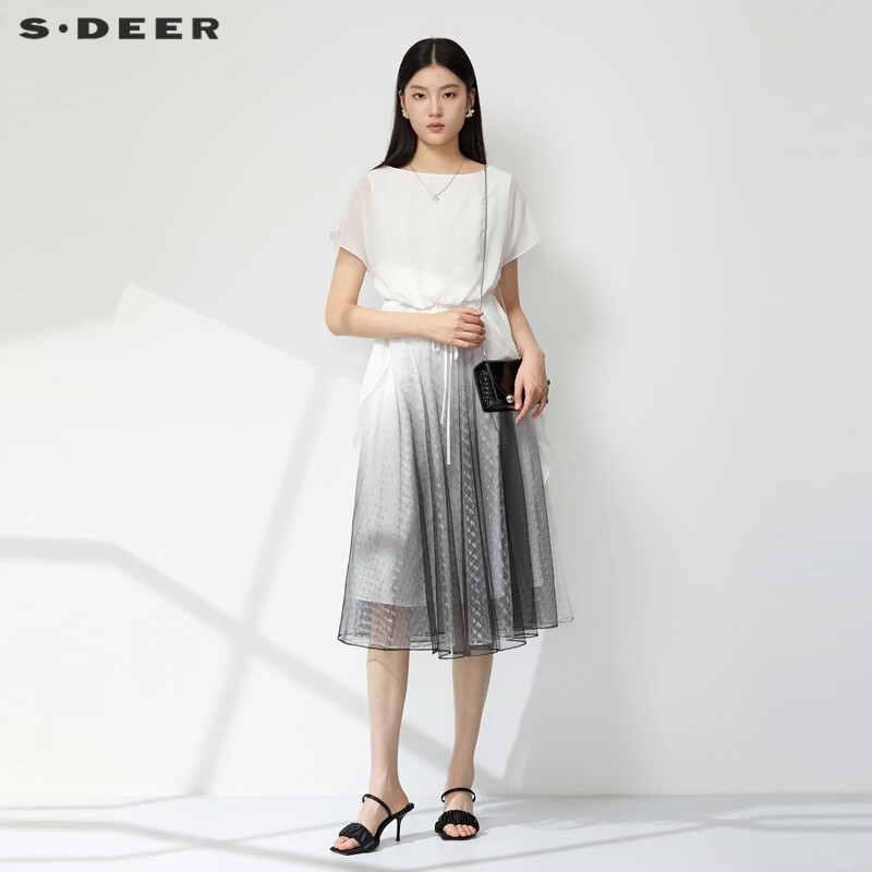 sdeer圣迪奥女装渐变网纱雪纺短袖连S232Z12X1