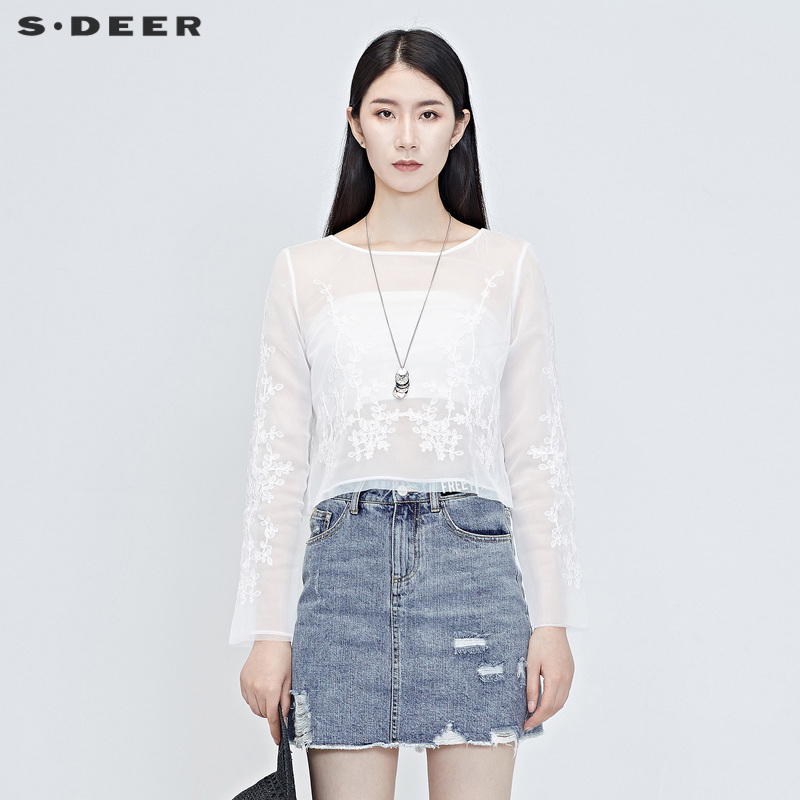 sdeer圣迪奥女装复古刺绣绑带长袖上衣S20280508