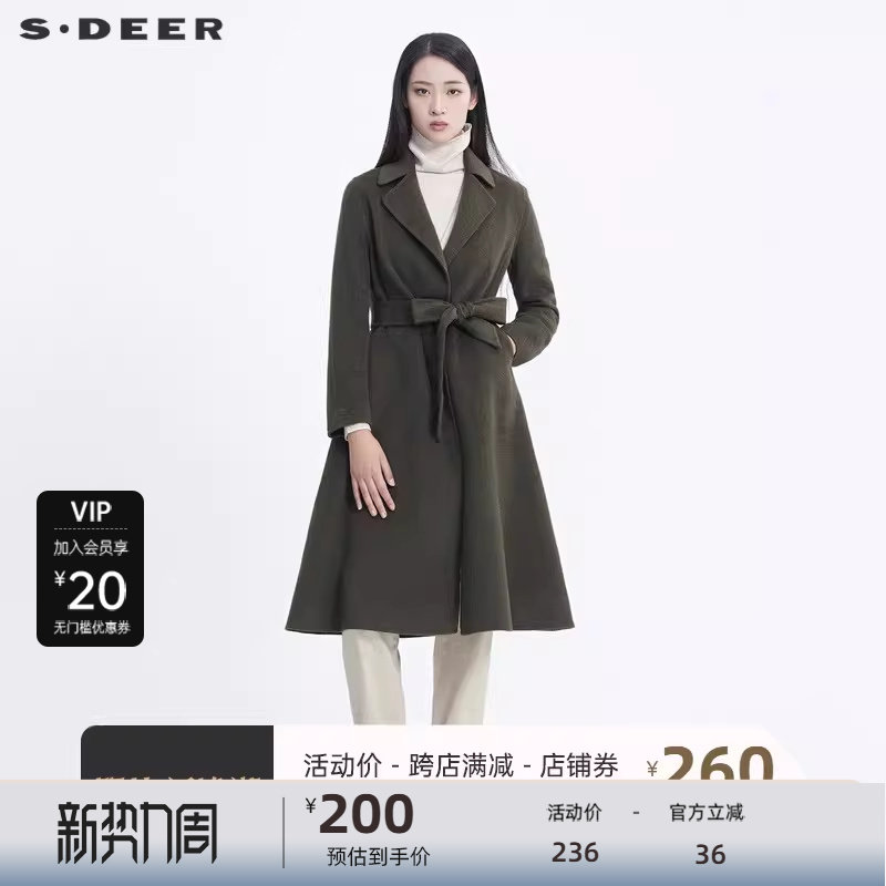 sdeer圣迪奥新时尚翻领收腰拼接长款毛呢大衣女外套S20461