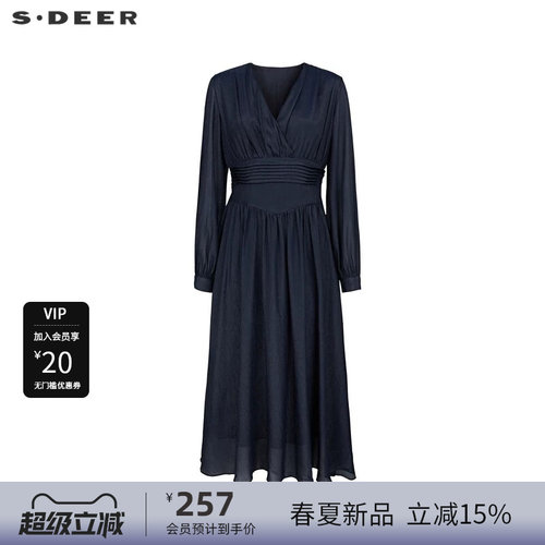 s.deer压褶垂坠雪纺长袖连衣裙