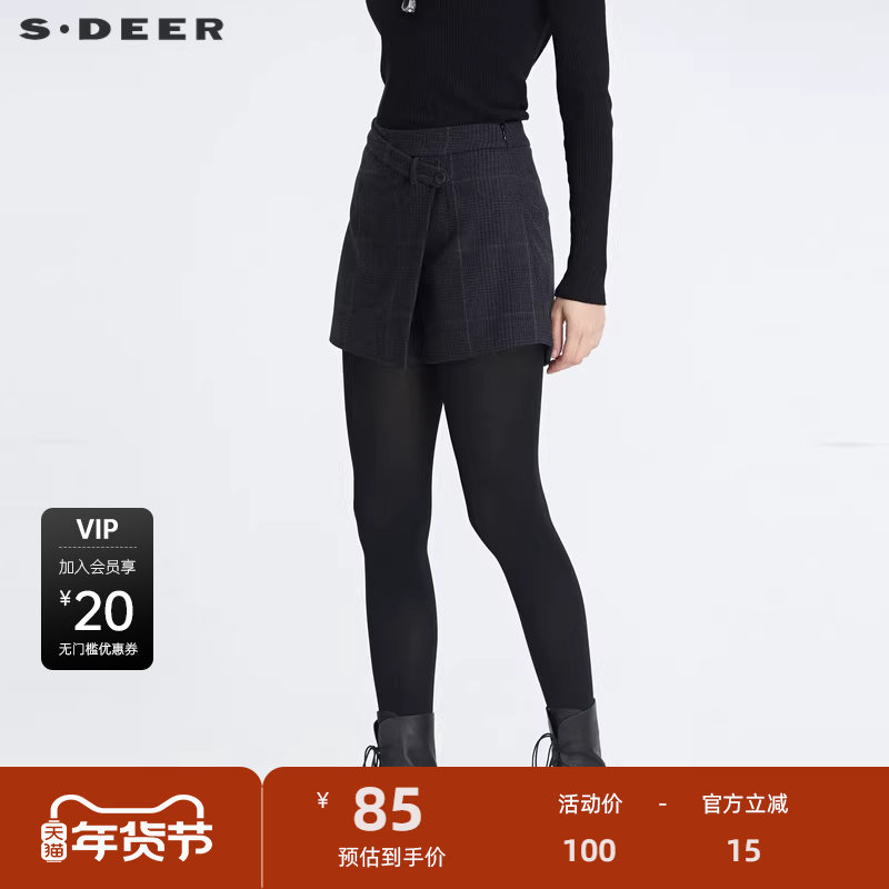 sdeer圣迪奥女装复古格纹搭片拼接毛呢短裤季裤子女S20480