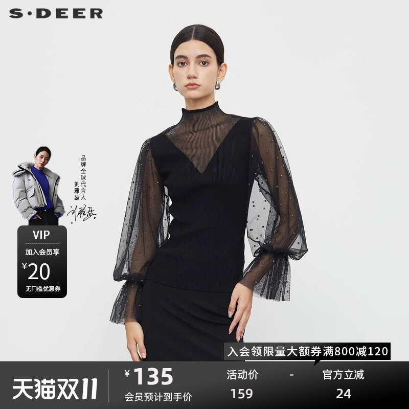 sdeer圣迪奥女装秋高领镂空波点网纱泡泡袖针织衫S233D3506