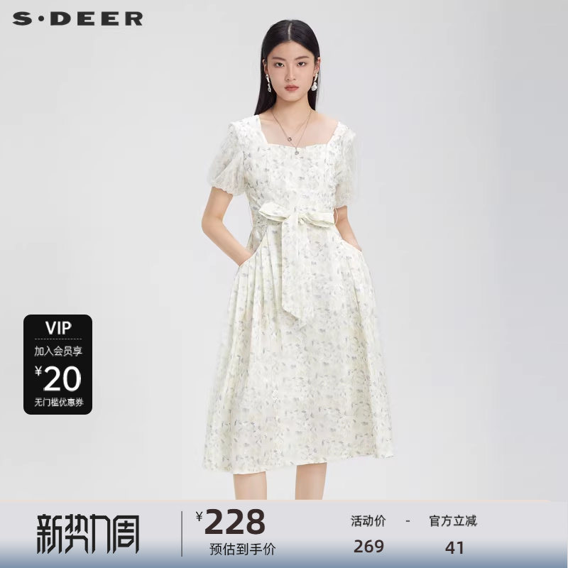 sdeer圣迪奥女装方领碎花收腰网纱泡泡袖连衣裙S232Z127