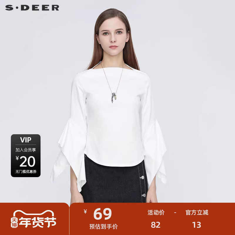 【sdeer奥莱】圣迪奥女装秋一字领不规则拼接长袖T恤S21180201,女装/女士精品,T恤,淘宝优惠券,粉丝福利购,淘宝优惠卷