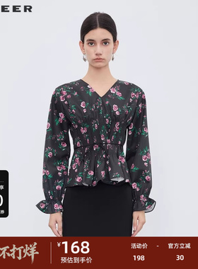 sdeer圣迪奥女装V领风琴褶碎花收腰长袖衬衫S233Z0575