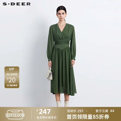 s.deer压褶垂坠雪纺长袖连衣裙