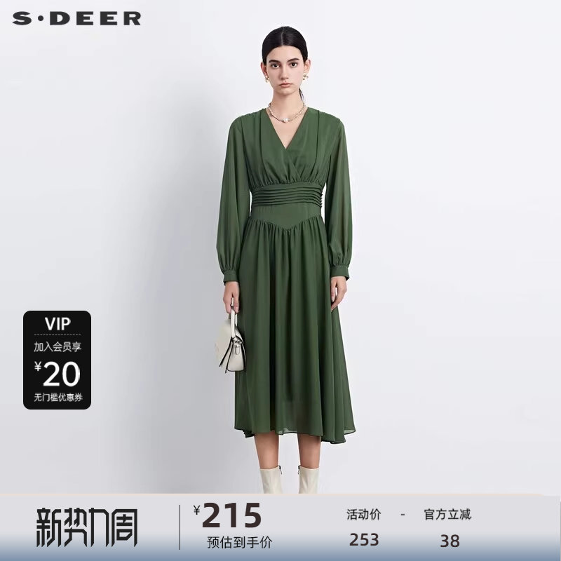 sdeer圣迪奥女装秋V领压褶垂坠雪纺长袖连衣裙S233Z12P