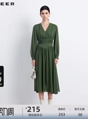 sdeer圣迪奥女装秋V领压褶垂坠雪纺长袖连衣裙S233Z12P8