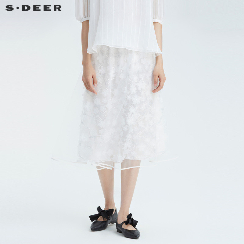 sdeer圣迪奥女装松紧绣花网纱不规则A字长裙S222D1104