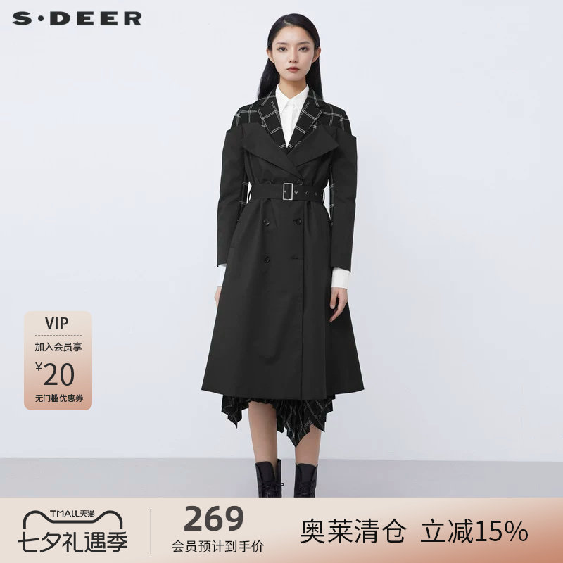 sdeer圣迪奥女装2025秋款休闲西装领格纹拼接长款风衣S21381808