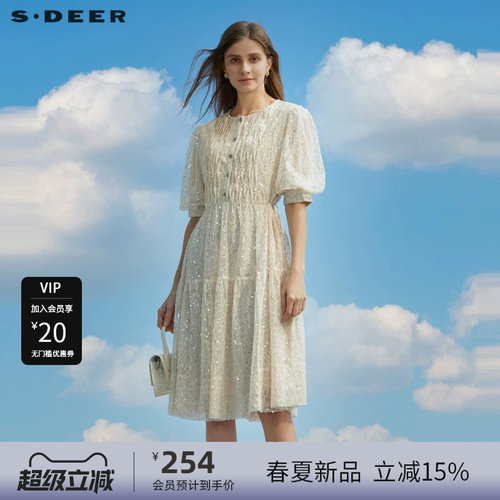圆领连衣裙 网纱拼接 泡泡袖