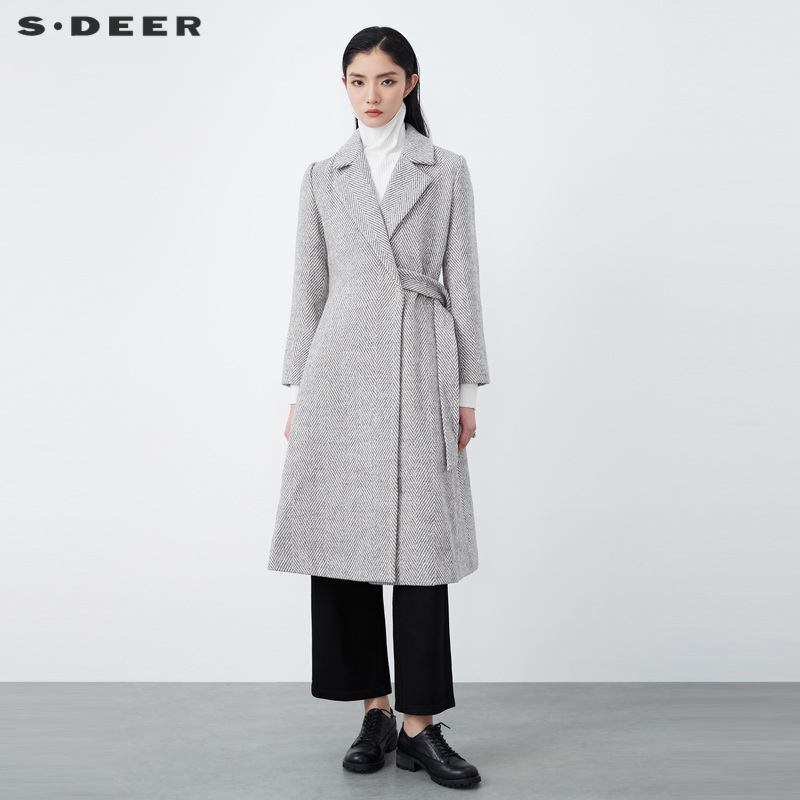 sdeer圣迪奥女装休闲西装领条纹拼接毛呢长款大衣S20481814