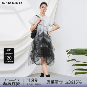 sdeer圣迪奥女装圆领字母网纱不规则短袖连衣裙S22281202