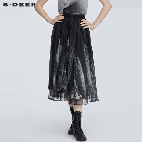 sdeer圣迪奥女装文艺松紧撞色印花网纱长裙S21281116
