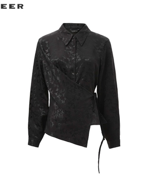 sdeer圣迪奥女装复古翻领印花收腰不规则长袖衬衫S242Z0501