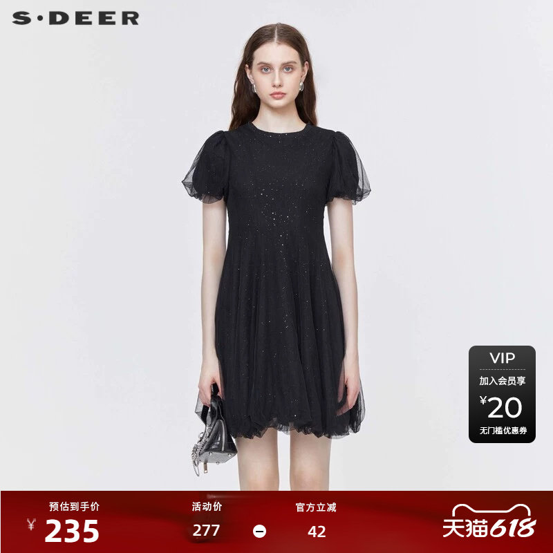 S·DEER圣迪奥女装圆领网纱拼接黑色短袖连衣裙S222Z12F4