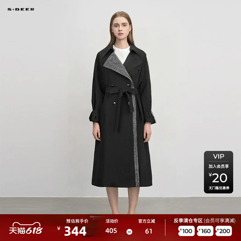 【反季清仓】sdeer圣迪奥女装时尚翻领印花收腰长款风衣S244Z1804