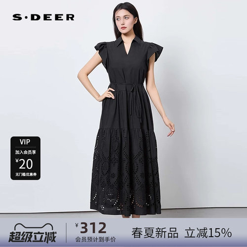 sdeer圣迪奥女装25年新品时尚翻领收腰绣花短袖连衣裙S252Z1298
