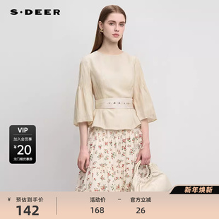 S243Z0402 衬衫 sdeer圣迪奥女装 复古圆领收腰印花中袖