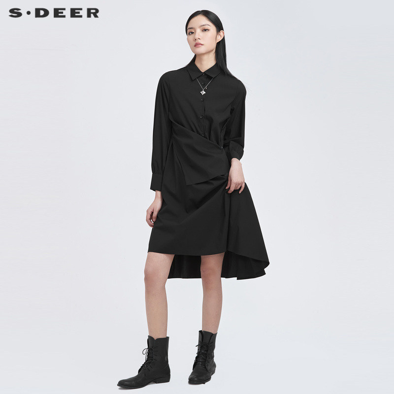 sdeer圣迪奥秋款休闲拼接不规则衬衫黑色长袖连衣裙S22181