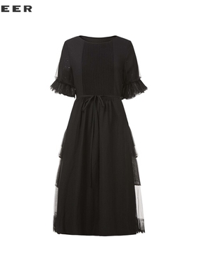 sdeer圣迪奥女装圆领风琴褶收腰网纱绣花连衣裙S242Z1241