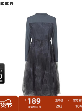 【秒杀】sdeer圣迪奥女装时尚半高领印花网纱收腰连衣裙S224Z12D3