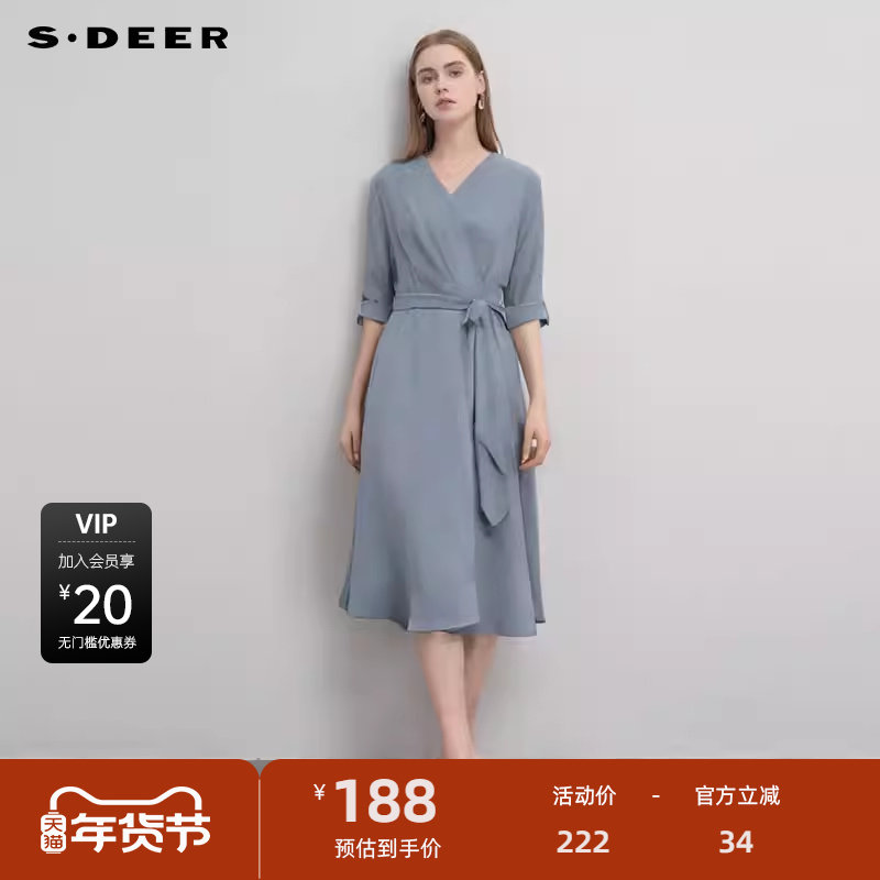 sdeer圣迪奥女装秋V领压褶收腰不规则雪纺连衣裙S233Z12