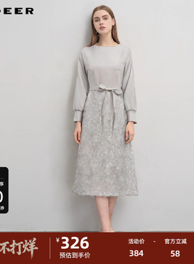 sdeer圣迪奥女装圆领收腰绣花网纱长袖连衣裙S244Z1268