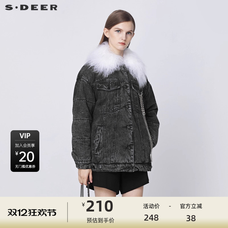 s.deer毛领链条牛仔棉服外套
