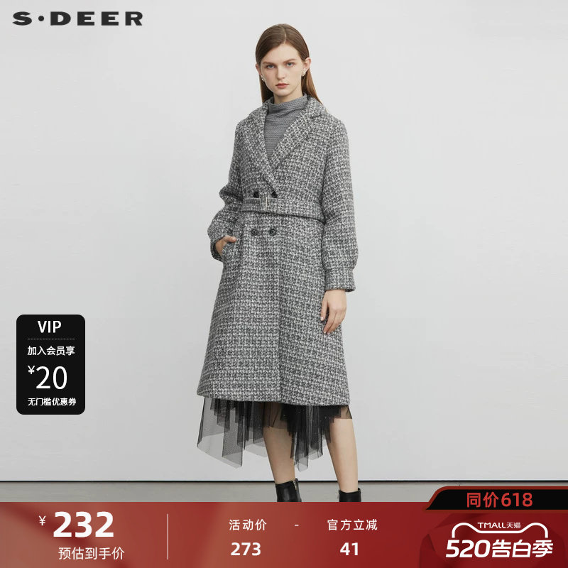 sdeer圣迪奥女装西装领收腰格纹长款毛呢大衣S223Z2508