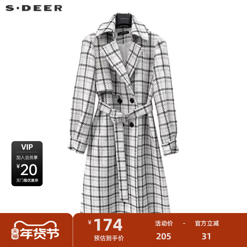 sdeer圣迪奥女装英伦风翻领格纹收腰长款大衣S223Z1858