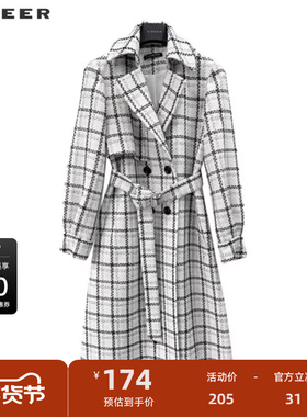 sdeer圣迪奥女装英伦风翻领格纹收腰长款大衣S223Z1858