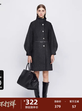 【反季清仓】sdeer圣迪奥立领格纹泡泡袖长款毛呢大衣S224Z25B1