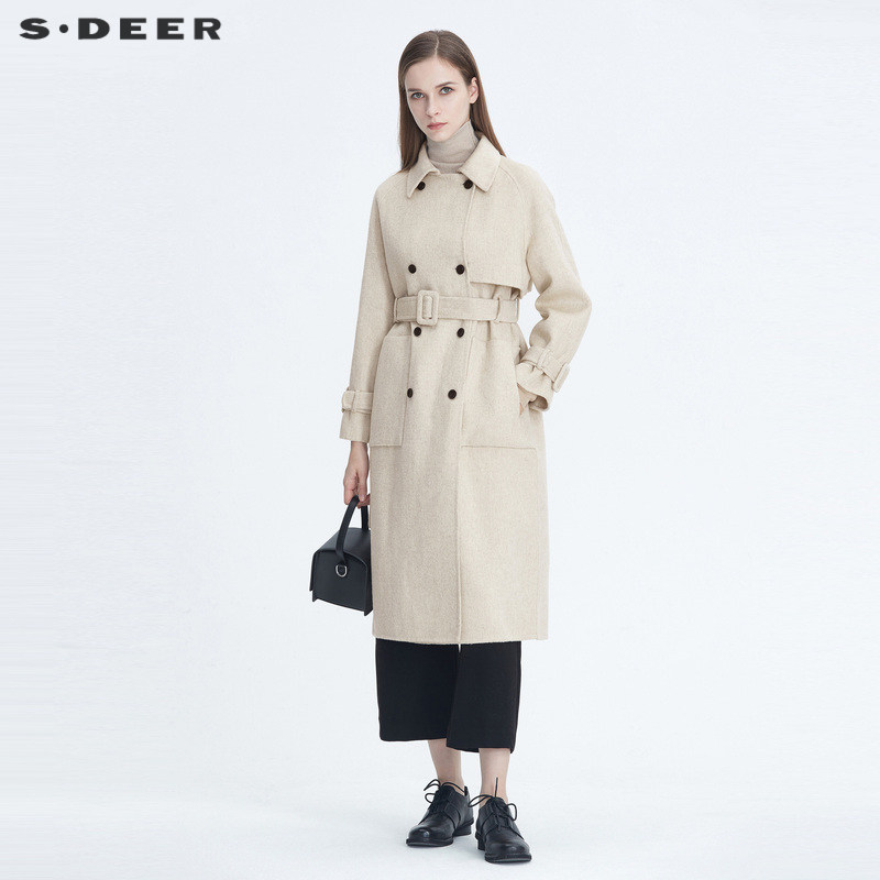 sdeer圣迪奥新款休闲翻领双排扣收腰插肩袖双面呢大衣S2046