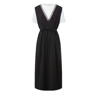 sdeer圣迪奥女装撞色收腰网纱短袖背带裙套装S242Z1423