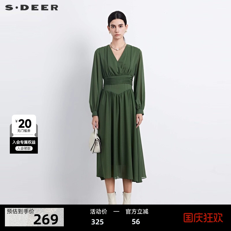 s.deer压褶垂坠雪纺长袖连衣裙