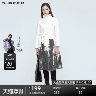 sdeer圣迪奥冬季女装休闲立领水墨印花收腰长款毛呢大衣S20481846