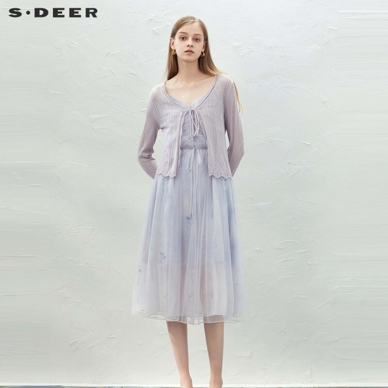 【淡人穿搭】sdeer圣迪奥优雅雪纺网纱针织衫吊带裙套装S232