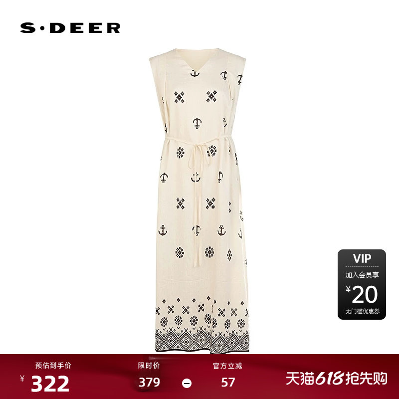 sdeer圣迪奥女装25年新品田园风V领印花收腰无袖连衣裙S25