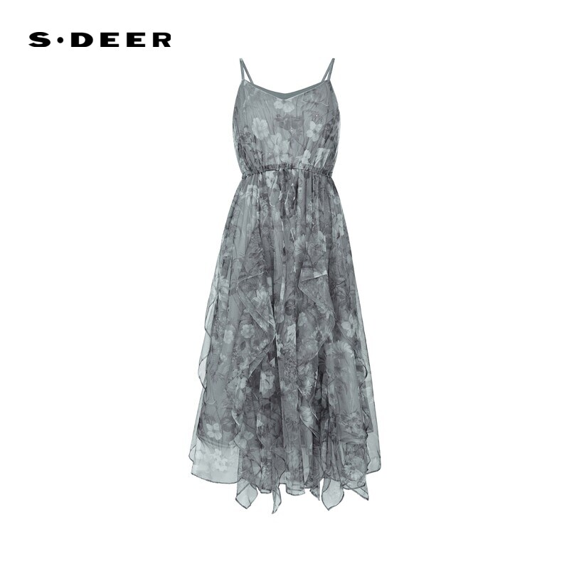 sdeer圣迪奥女装甜美收腰网纱碎花吊带连衣裙S242Z1283