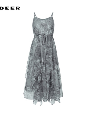sdeer圣迪奥女装甜美收腰网纱碎花吊带连衣裙S242Z1283