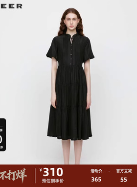 sdeer圣迪奥女装木耳边系带风琴褶泡泡袖连衣裙S242Z12F1