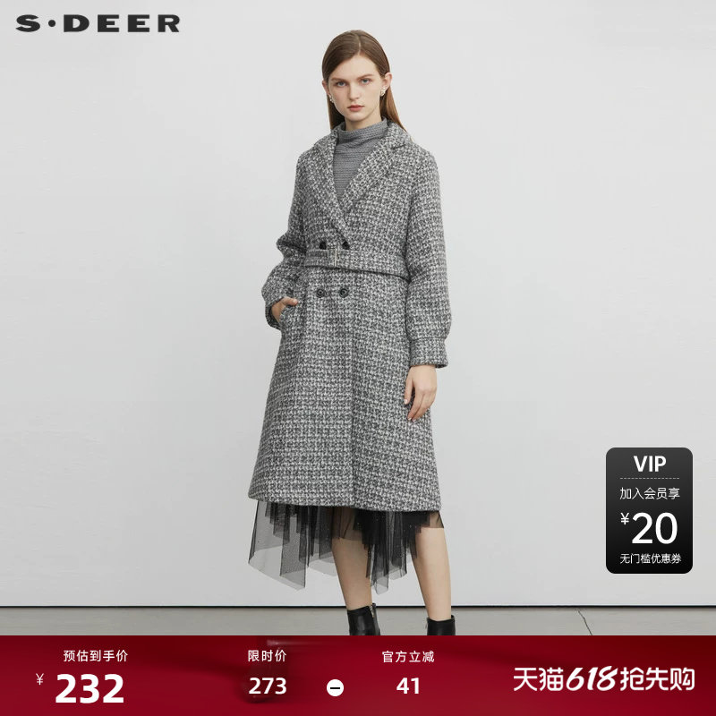sdeer圣迪奥女装西装领收腰格纹长款毛呢大衣S223Z2508