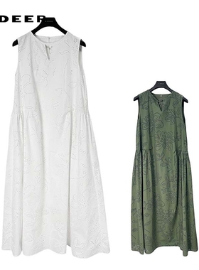 sdeer圣迪奥女装25年新品田园风圆领印花抽褶无袖连衣裙S252Z1212