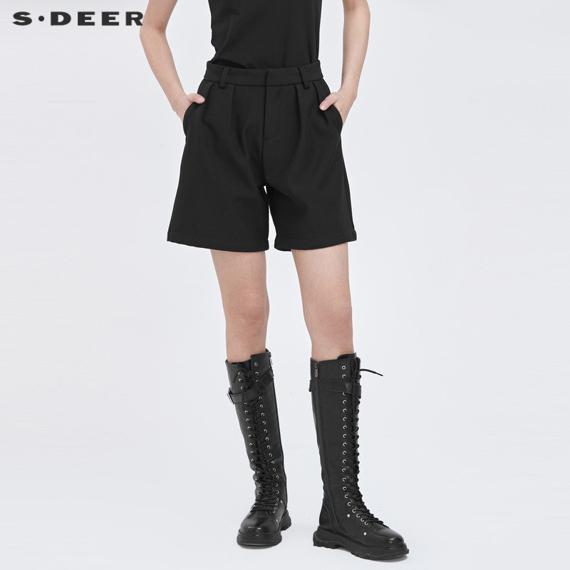 sdeer圣迪奥女装复古高腰压褶插袋黑色A字短裤S2148090