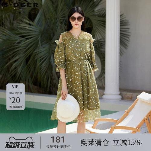 s.deer网纱露肩复古连衣裙