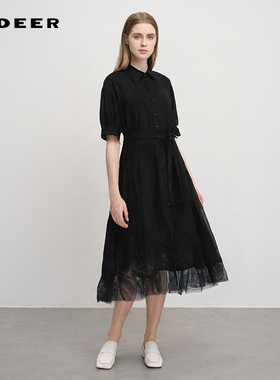 sdeer圣迪奥女装翻领绣花网纱收腰衬衫连衣裙S242Z1206